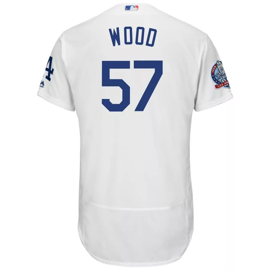 Personalized Alex wood los angeles dodgers majestic 60th anniversary home on field patch flex base player jersey white