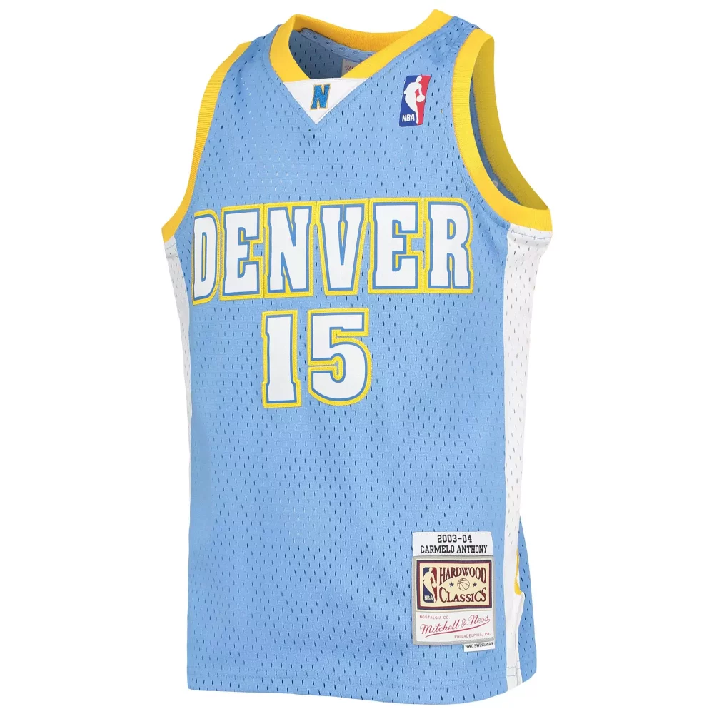 Personalized Carmelo anthony denver nuggets mitchell amp ness youth 2003 04 hardwood classics swingman jersey powder blue