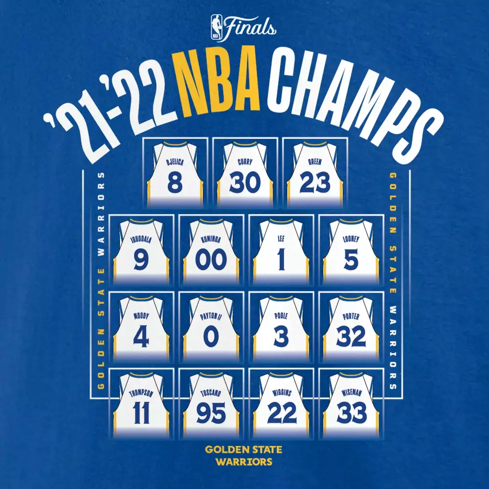 Custom Golden state warriors fanatics ed 2022 nba finals champions final buzzer jersey roster big amp tall t shirt royal