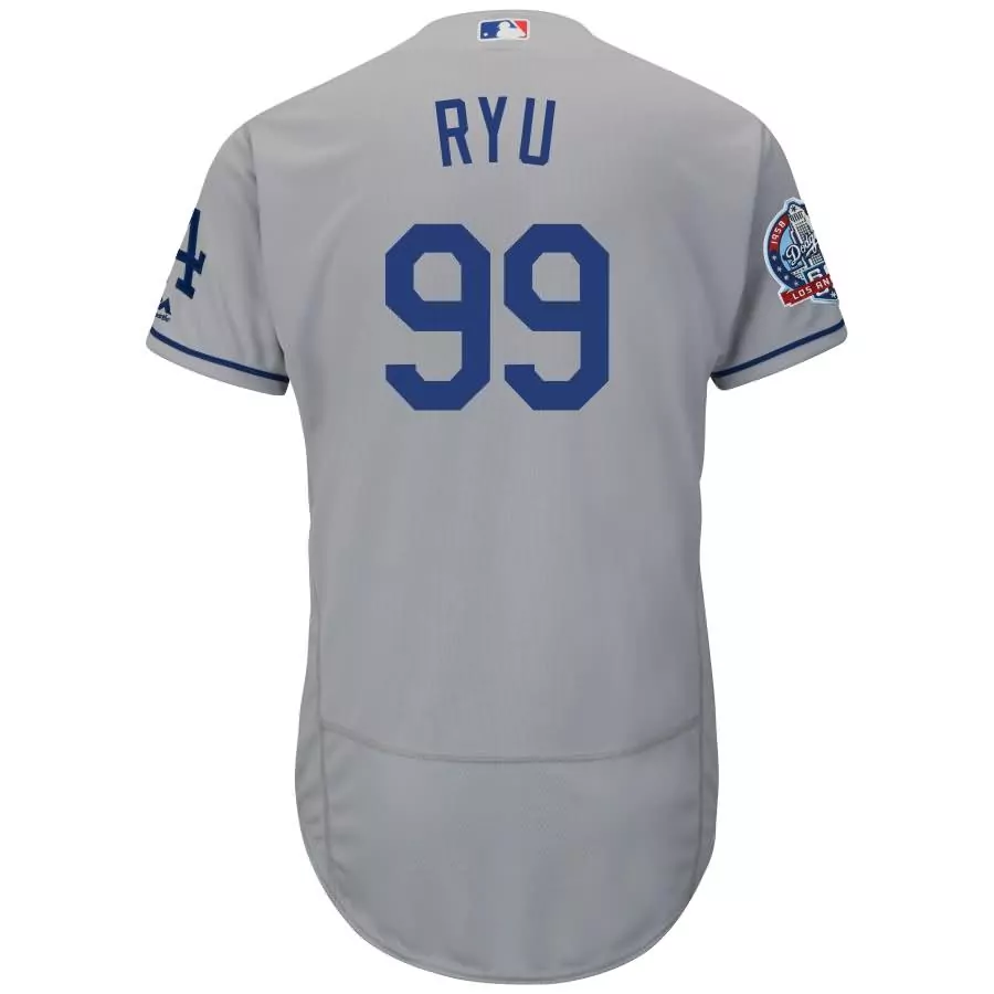 Personalized Hyun jin ryu los angeles dodgers majestic 60th anniversary road on field patch flex base player jersey gray