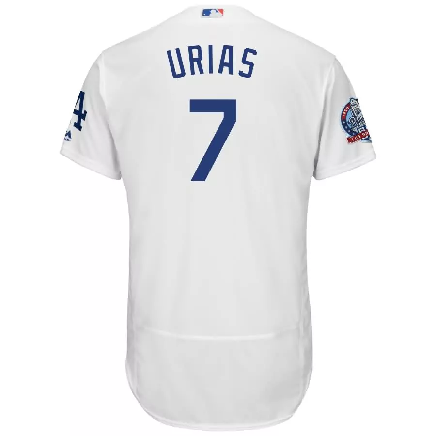 Customizable Julio urias los angeles dodgers majestic 60th anniversary home on field patch flex base player jersey white