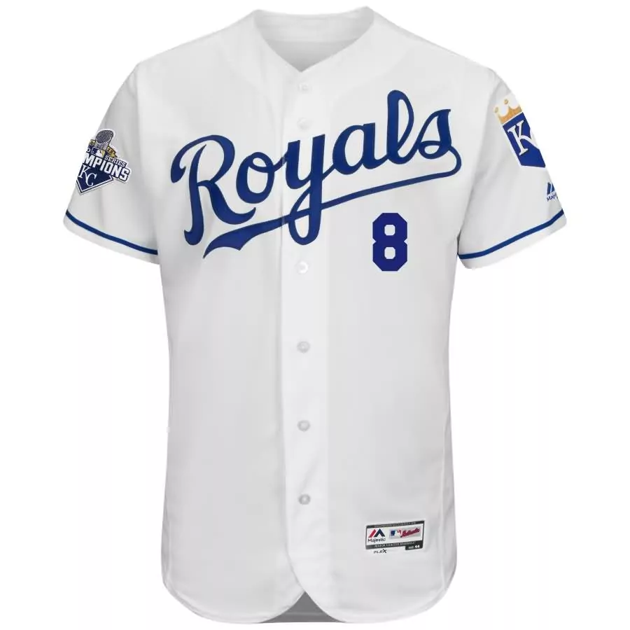 Customizable Mike moustakas kansas city royals majestic cool base player jersey with 2015 world series champions patch white