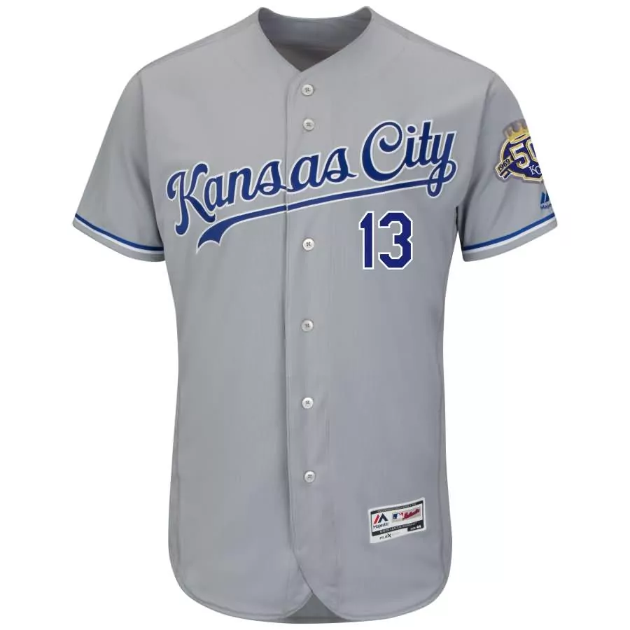 Personalized Salvador perez kansas city royals majestic 50th season patch on field flex base player jersey gray