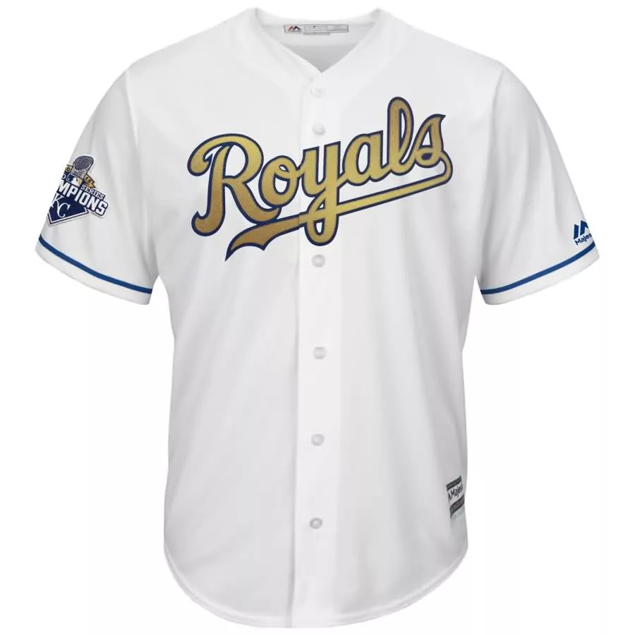 Customizable Salvador perez kansas city royals majestic world series champions gold program cool base player jersey white