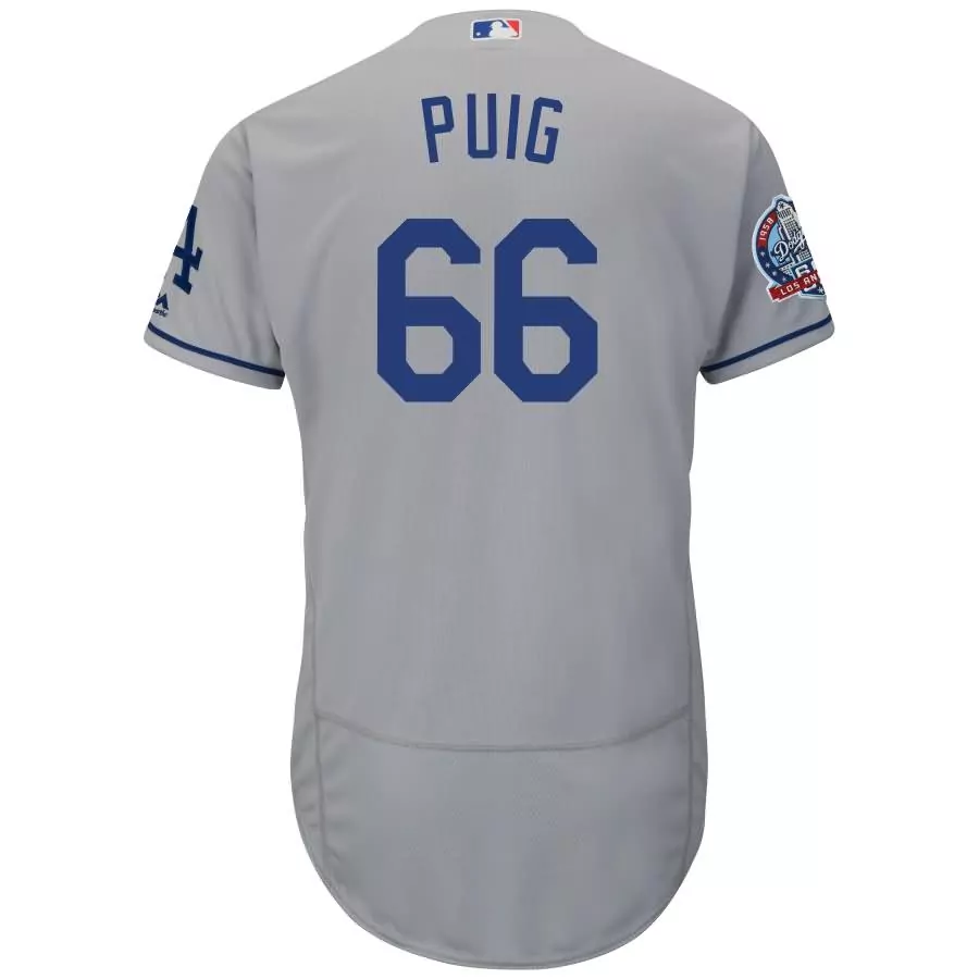 Customizable Yasiel puig los angeles dodgers majestic 60th anniversary road on field patch flex base player jersey gray