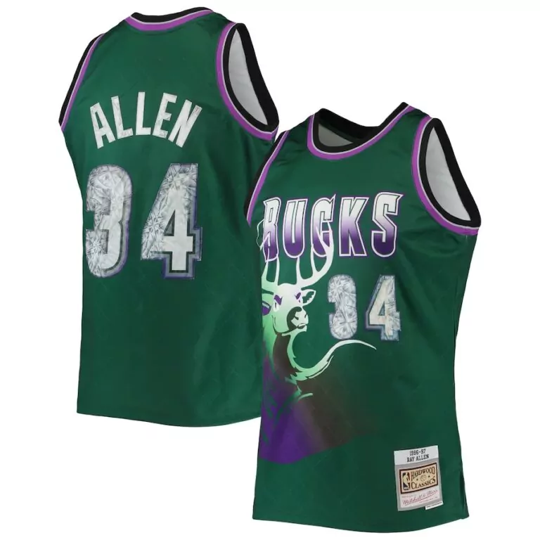 Personalized Milwaukee bucks 34 ray allen mitchell ness 1996 97 hardwood classics 75th anniversary diamond swingman jersey green
