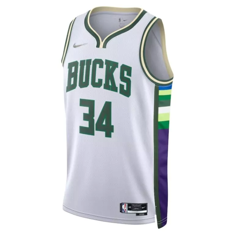 Personalized Milwaukee bucks 34 giannis antetokounmpo 21 22 new season 3d logo city edition white jersey 3
