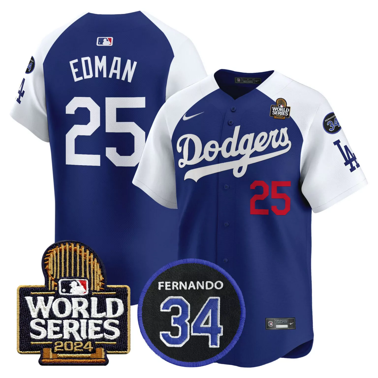 Custom Alternate royal tommy edman los angeles dodgers fernando memorial 2024 world series patch jersey v2 all stitched 9323