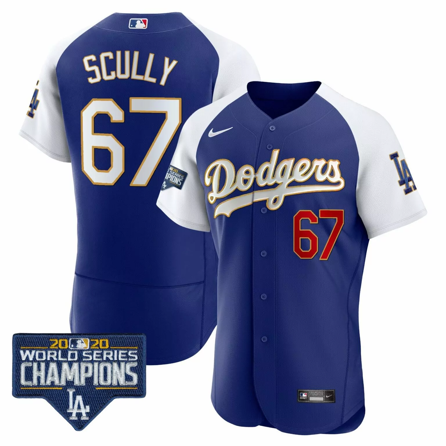 Custom Alternate royal vin scully los angeles dodgers world series champions patch gold trim jersey all stitched 9847
