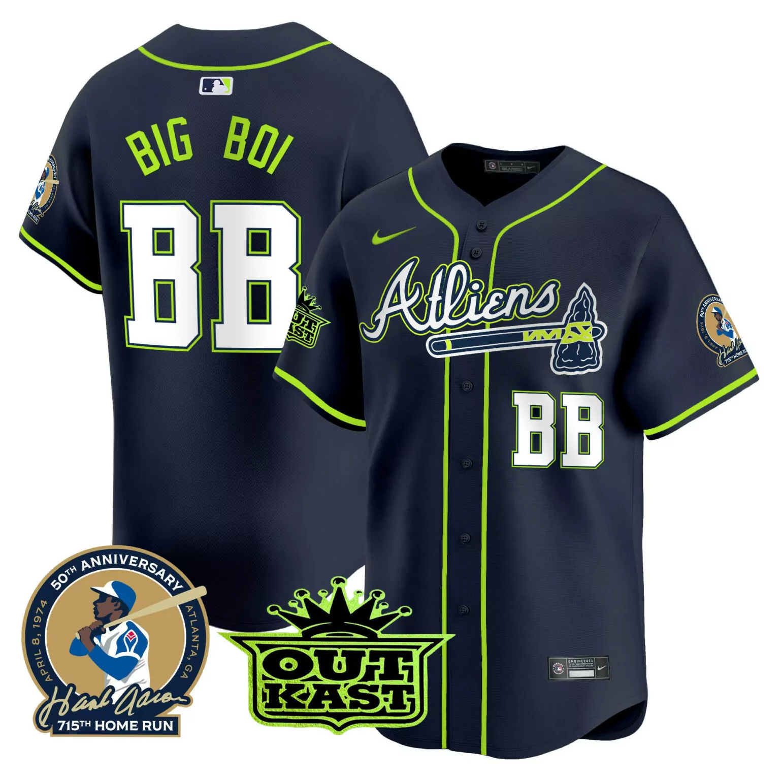 Personalized Atliens big boi atlanta braves atliens hank aaron patch jersey all stitched 4253