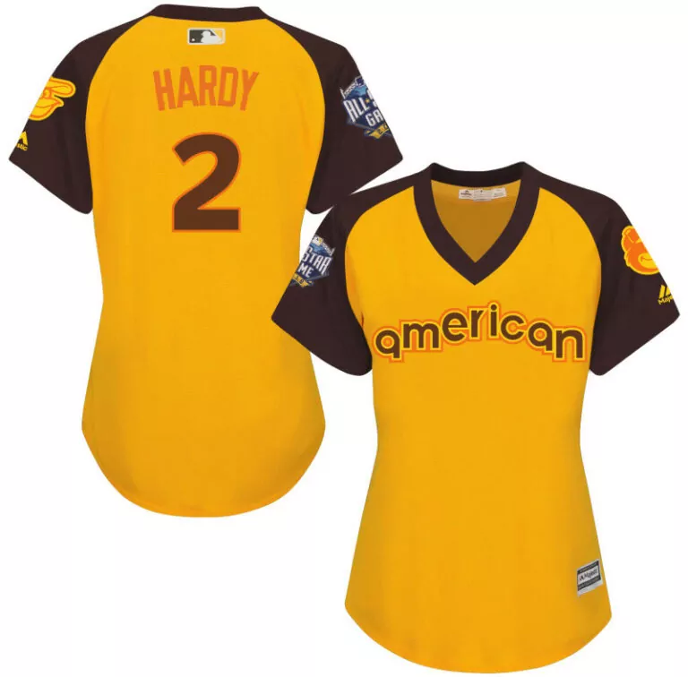 Personalized Baltimore orioles 2 jj hardy yellow women 2016 allstar game cool base batting practice player jersey 7073
