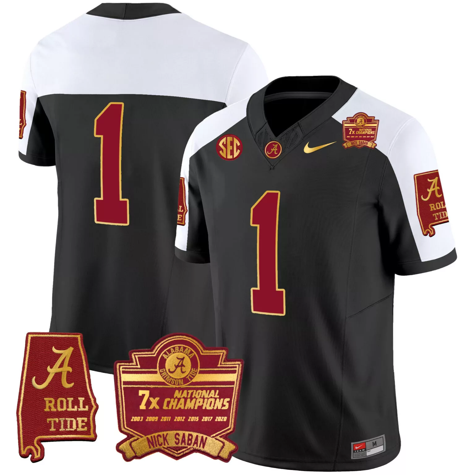 Custom Black alternate 1 team alabama crimson tide nick saban 7x champions patch gold trim jersey all stitched 3100