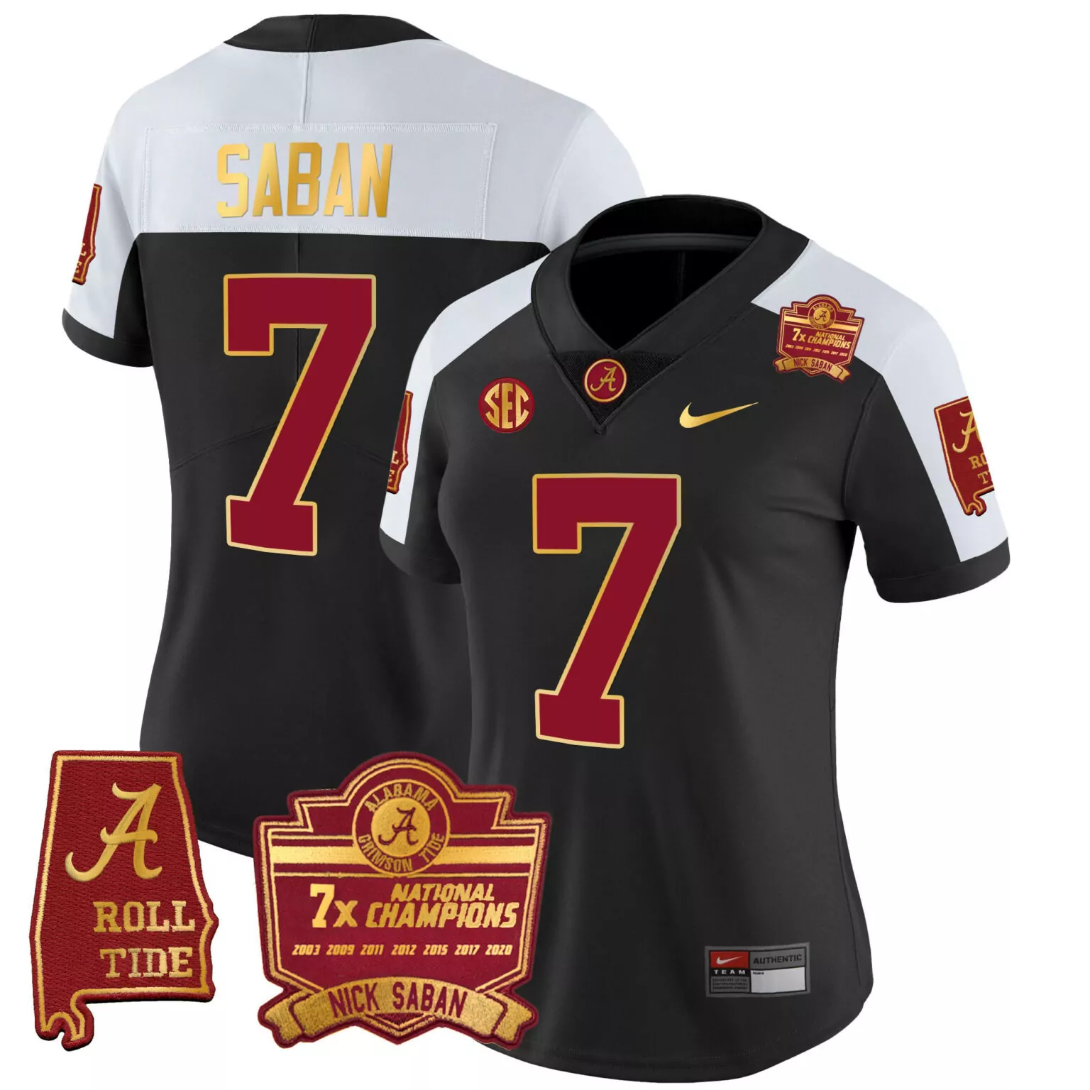 Custom Black alternate 7 nick saban alabama crimson tide 7x champions patch gold trim jersey all stitched 2692