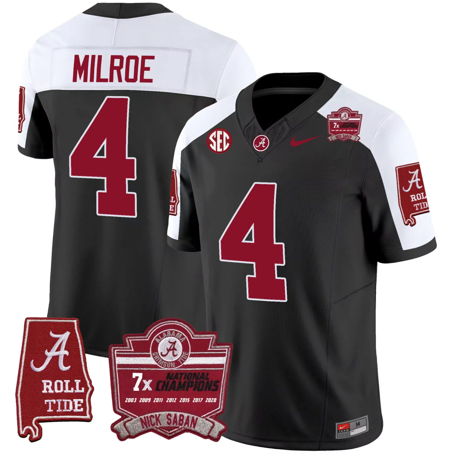 Personalized Black alternate jalen milroe alabama crimson tide nick saban 7x champions patch jersey all stitched 4781