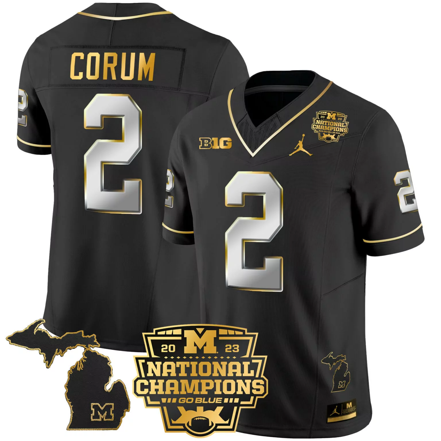 Customizable Black blake corum michigan wolverines 2023 national champions patch gold jersey v3 all stitched 4665