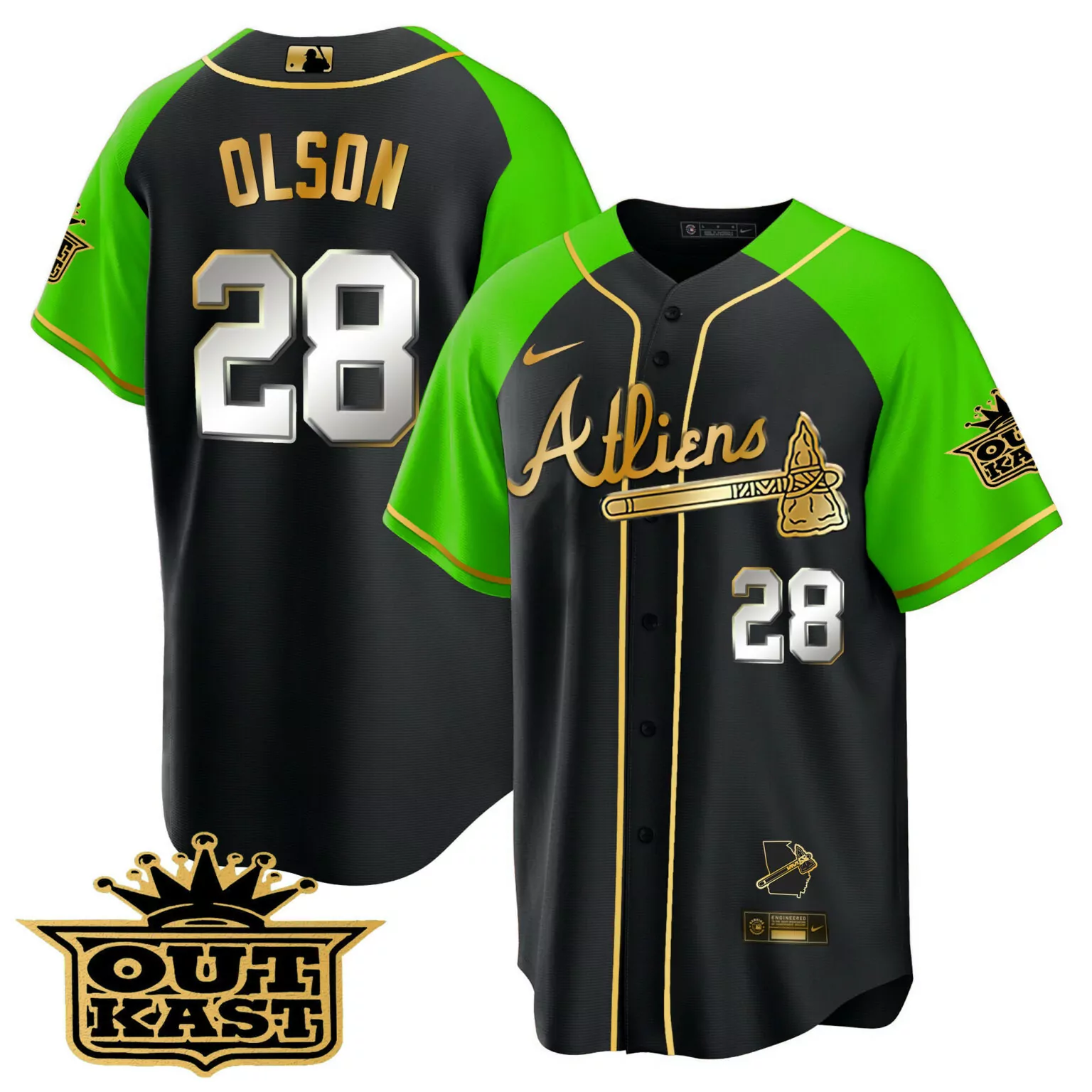 Personalized Black bright green matt olson atlanta braves atliens gold alternate jersey all stitched 6527