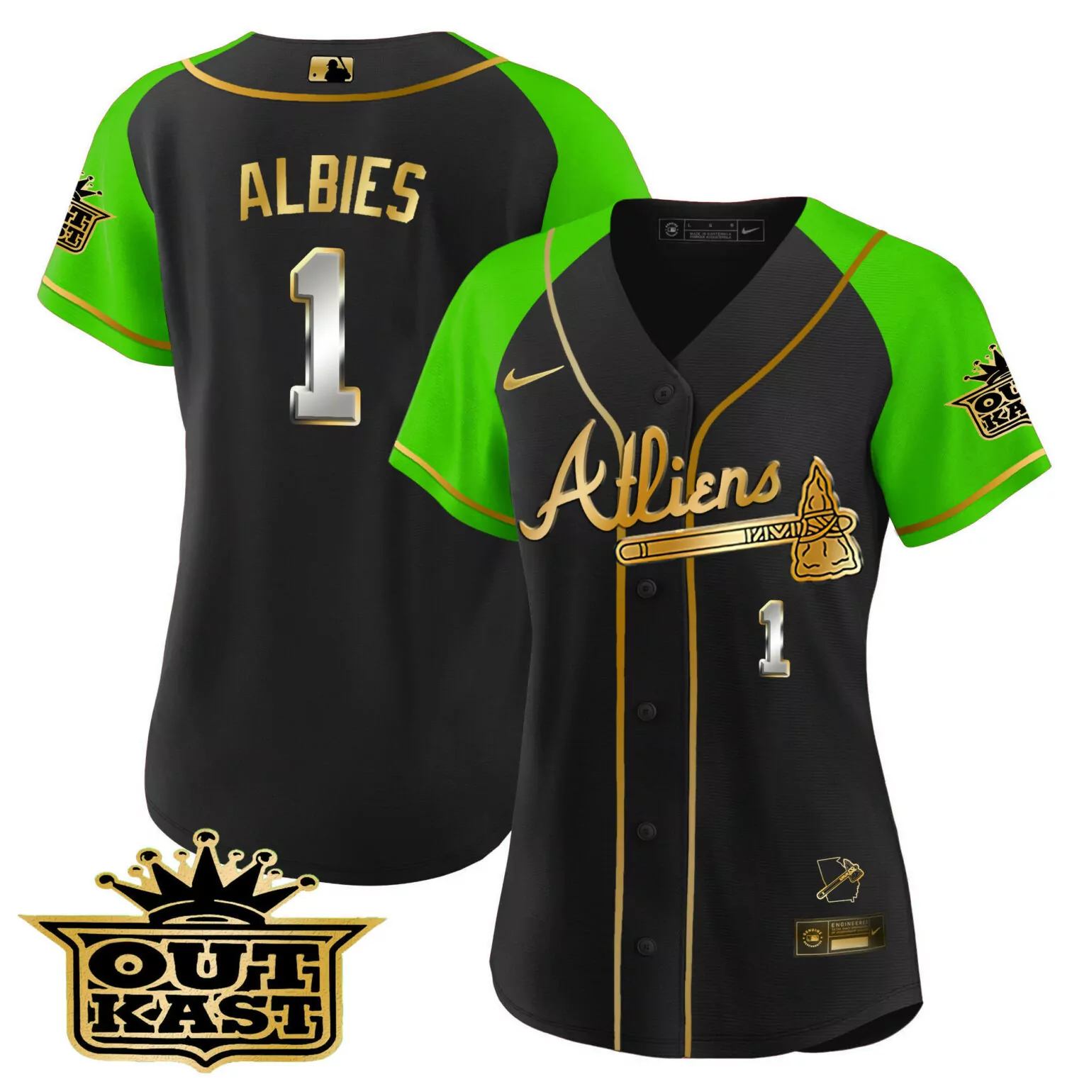 Custom Black bright green ozzie albies atlanta braves atliens gold alternate jersey all stitched 8141