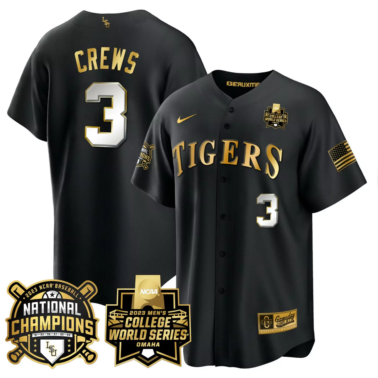 Customizable Black dylan crews lsu tigers 2023 national champions gold cool jersey v3 all stitched 5913