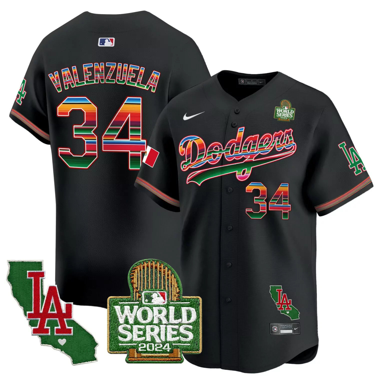 Customizable Black fernando valenzuela los angeles dodgers mexico 2024 world series jersey v2 all stitched 1017