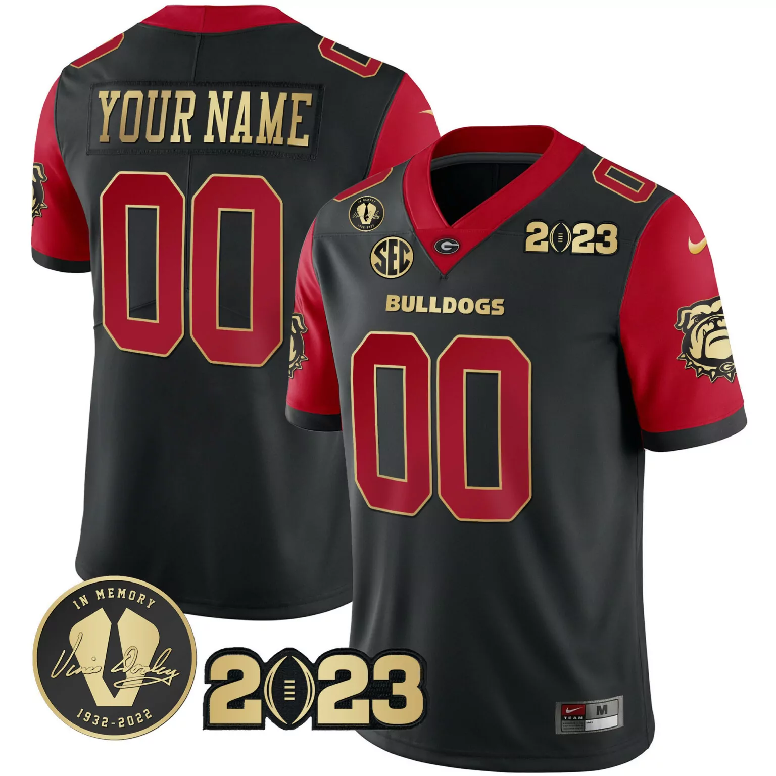 Personalized Black georgia bulldogs 2023 champions gold color sleeves custom jersey all stitched 6292