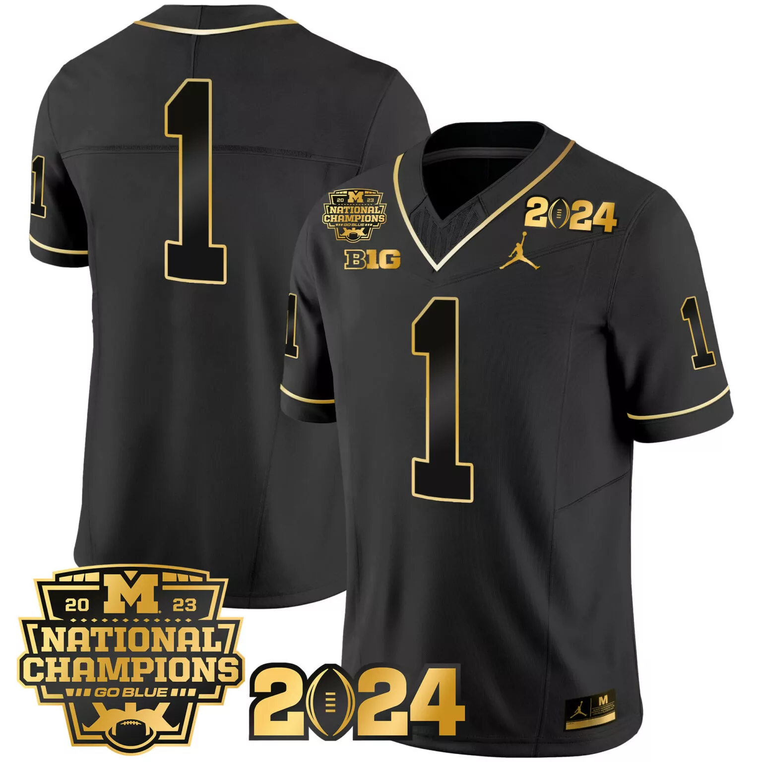 Personalized Black gold 1 team michigan wolverines 2023 national champions patch gold jersey all stitched 9636