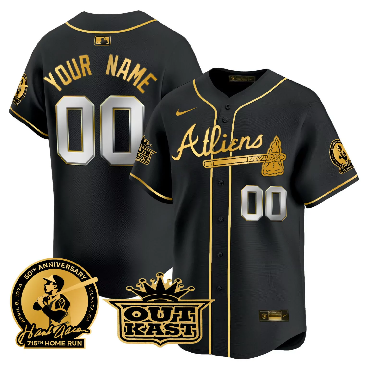 Personalized Black gold atlanta braves atliens hank aaron patch vapor custom jersey all stitched 8984