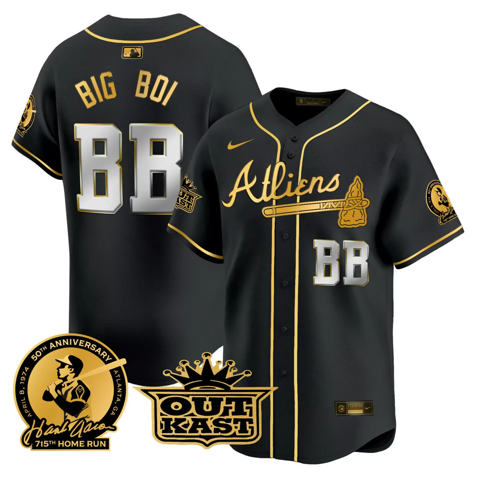 Personalized Black gold big boi atlanta braves atliens hank aaron patch jersey all stitched 6869