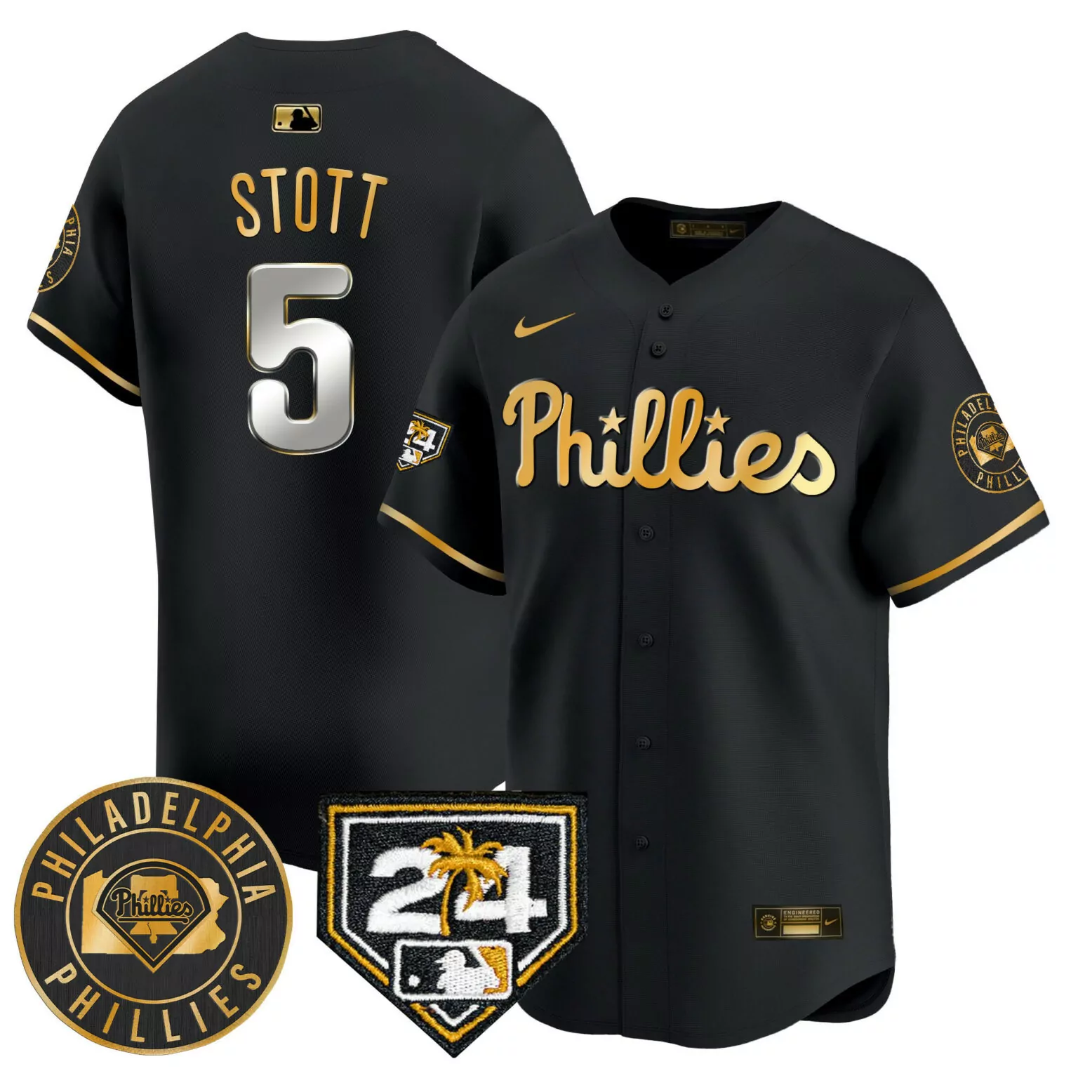Custom Black gold bryson stott philadelphia phillies 2024 spring training patch jersey v2 all stitched 6994