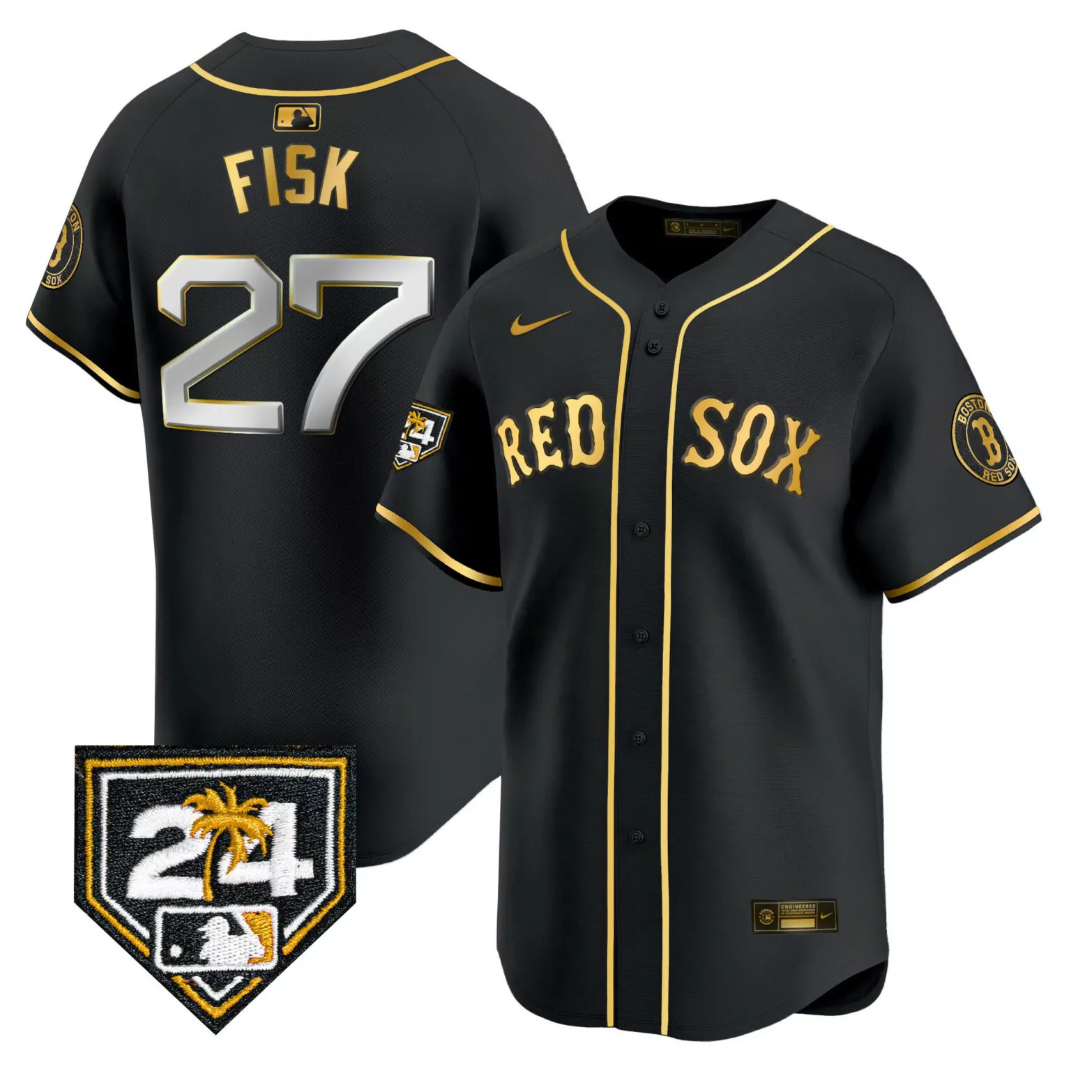 Customizable Black gold carlton fisk boston red sox 2024 spring training patch jersey all stitched 7589