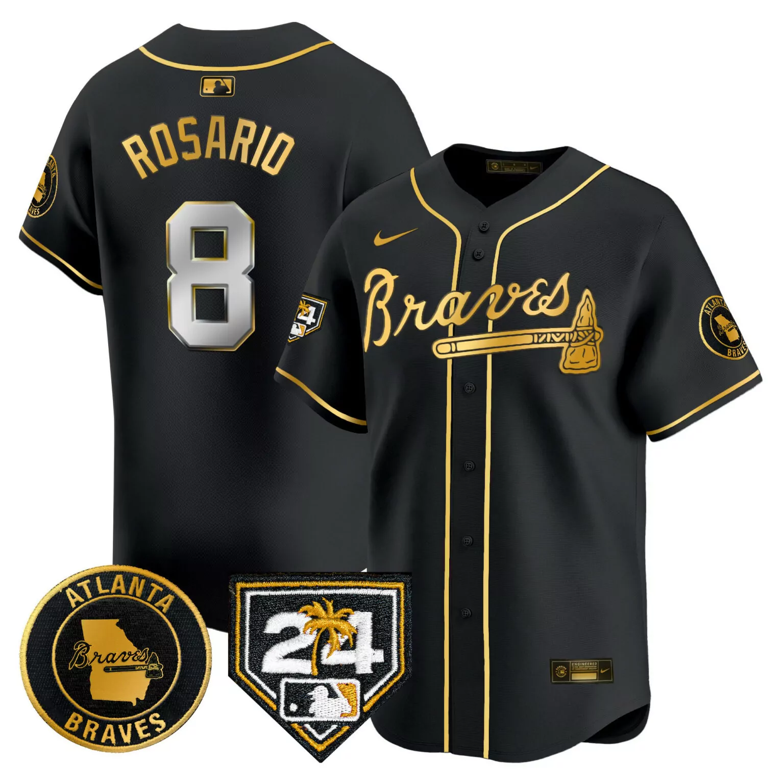 Customizable Black gold eddie rosario atlanta braves 2024 spring training patch jersey all stitched 6234