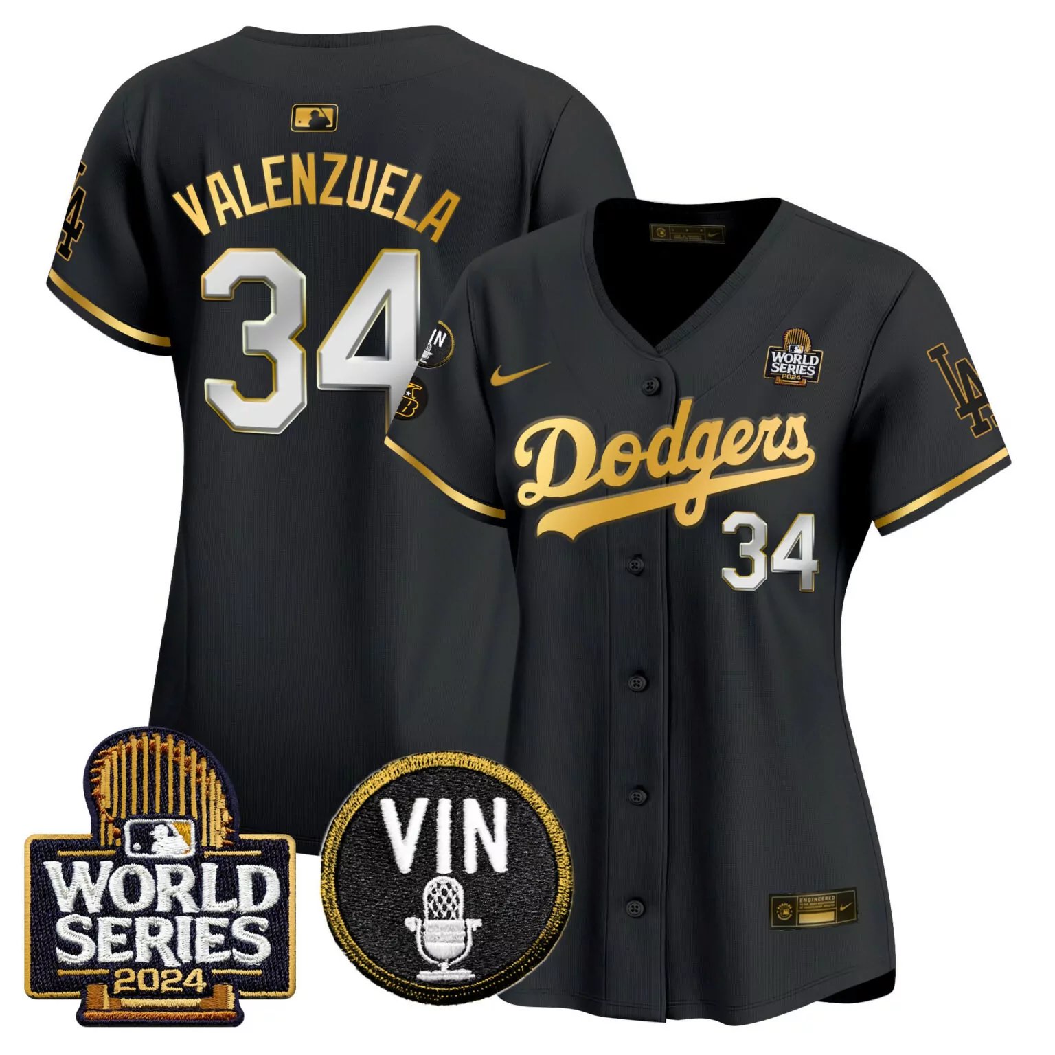 Custom Black gold fernando valenzuela los angeles dodgers 2024 world series gold trim jersey v2 all stitched 2310