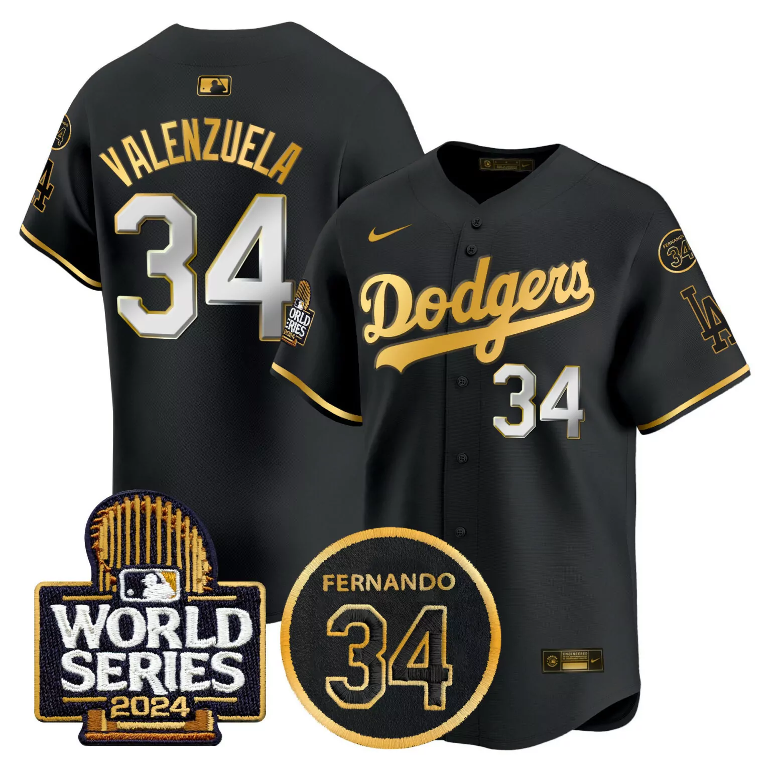Personalized Black gold fernando valenzuela los angeles dodgers fernando memorial 2024 world series patch jersey all stitched 5404
