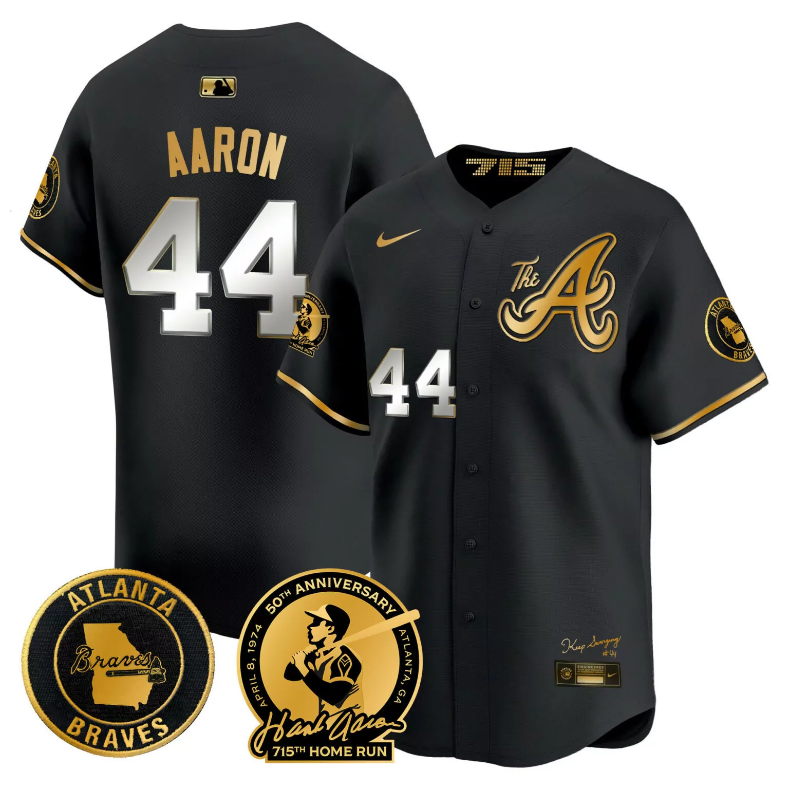 Personalized Black gold hank aaron atlanta braves hank aaron 715th home run patch jersey v2 all stitched 7690