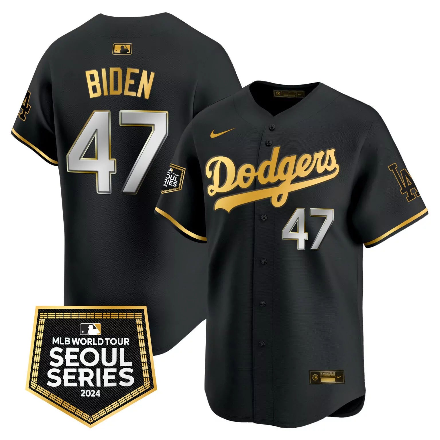 Customizable Black gold joe biden los angeles dodgers 2024 world tour seoul series patch jersey all stitched 7336