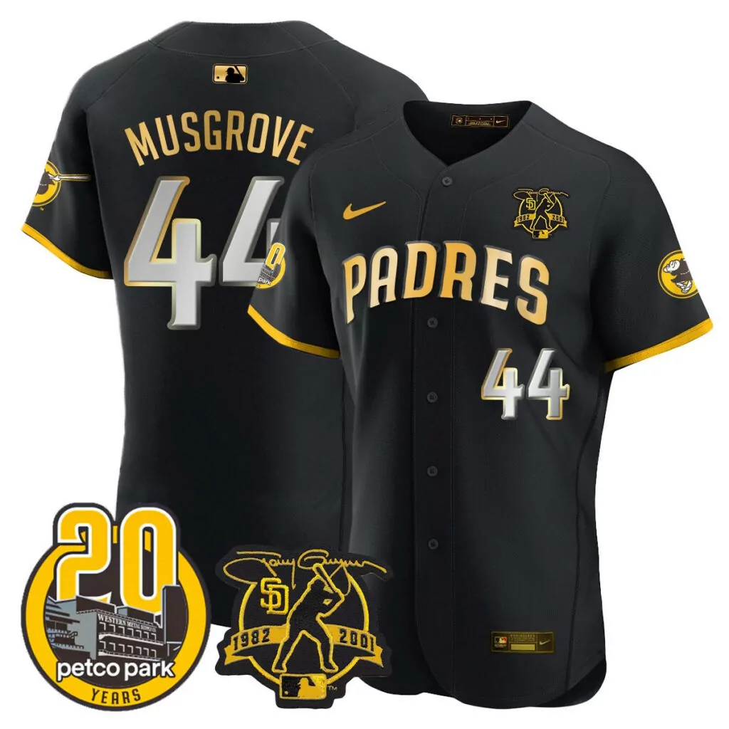 Personalized Black gold joe musgrove san diego padres tony gwynn petco park 20th patch jersey all stitched 6118