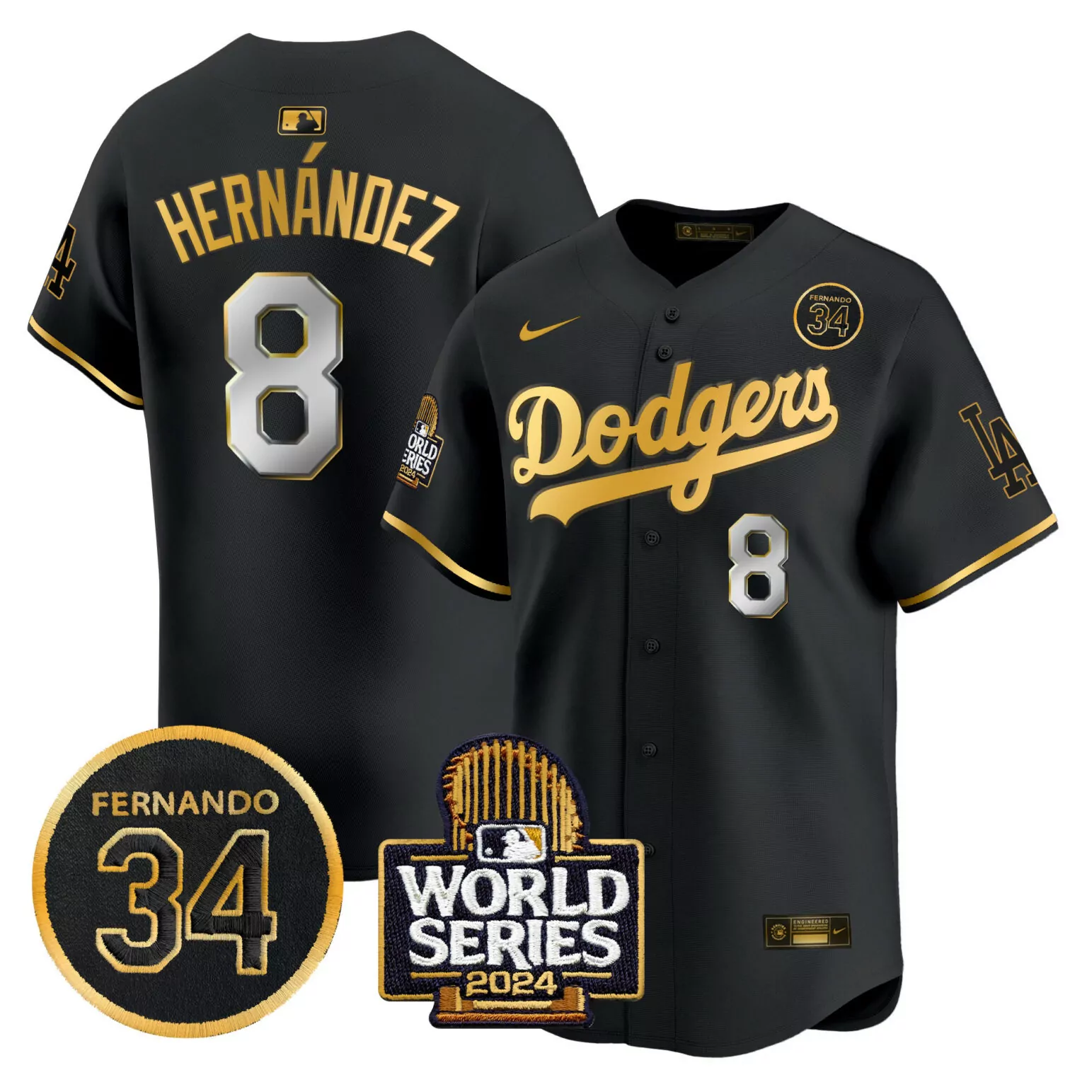 Custom Black gold kike hernandez los angeles dodgers valenzuela 2024 world series patch jersey v2 all stitched 6340