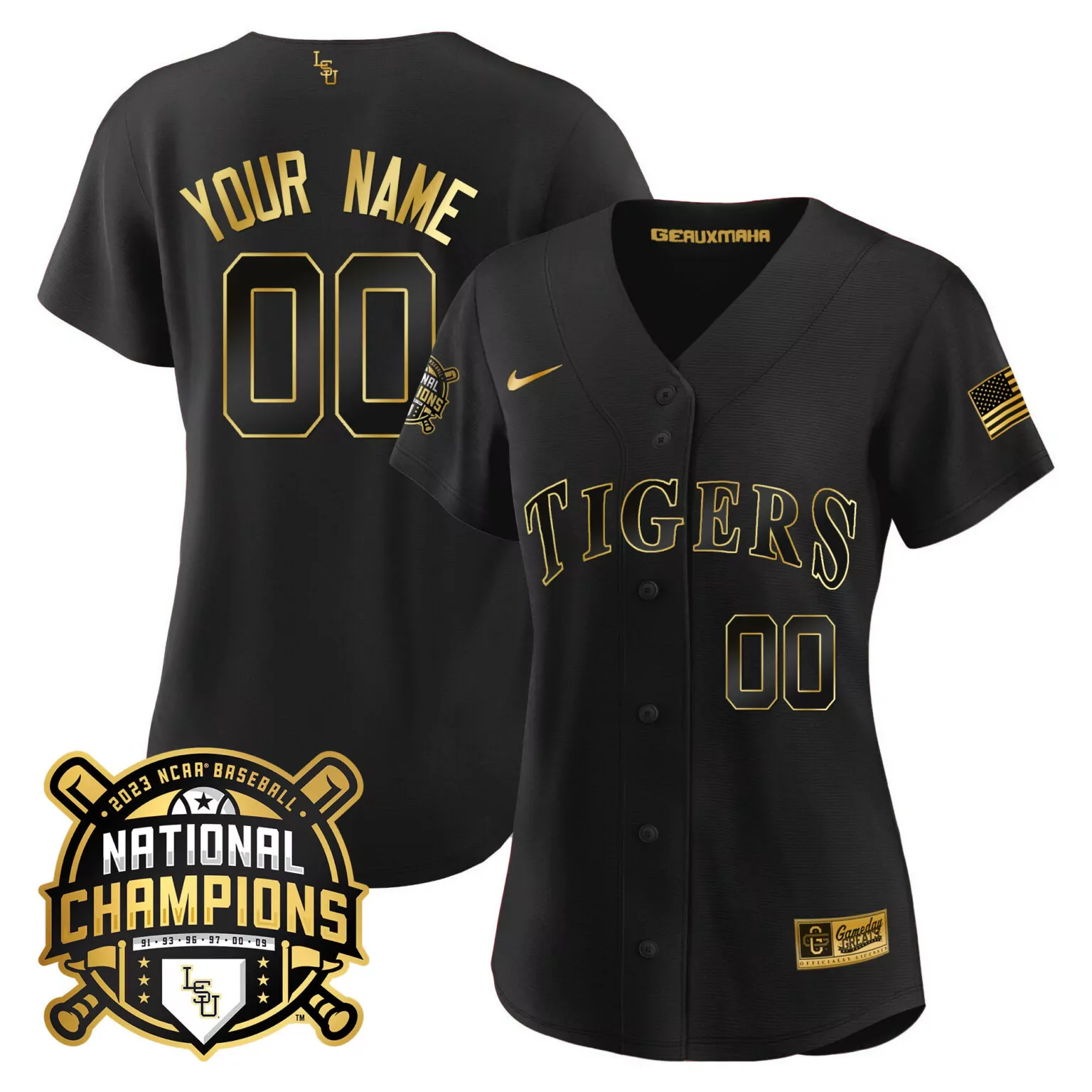 Custom Black gold lsu tigers 2023 national champions gold flex custom jersey all stitched 9073