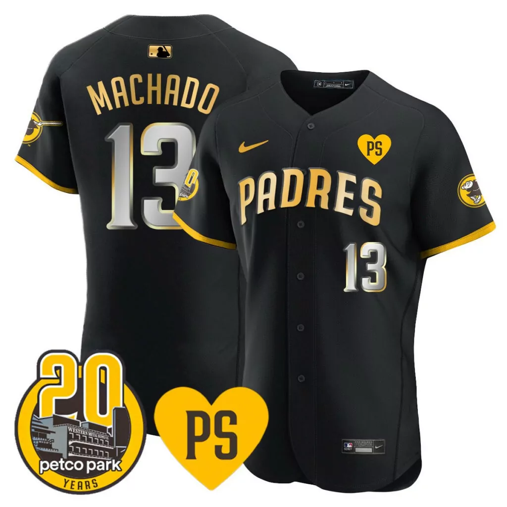 Custom Black gold manny machado san diego padres for peter petco park 20th patch jersey all stitched 3675