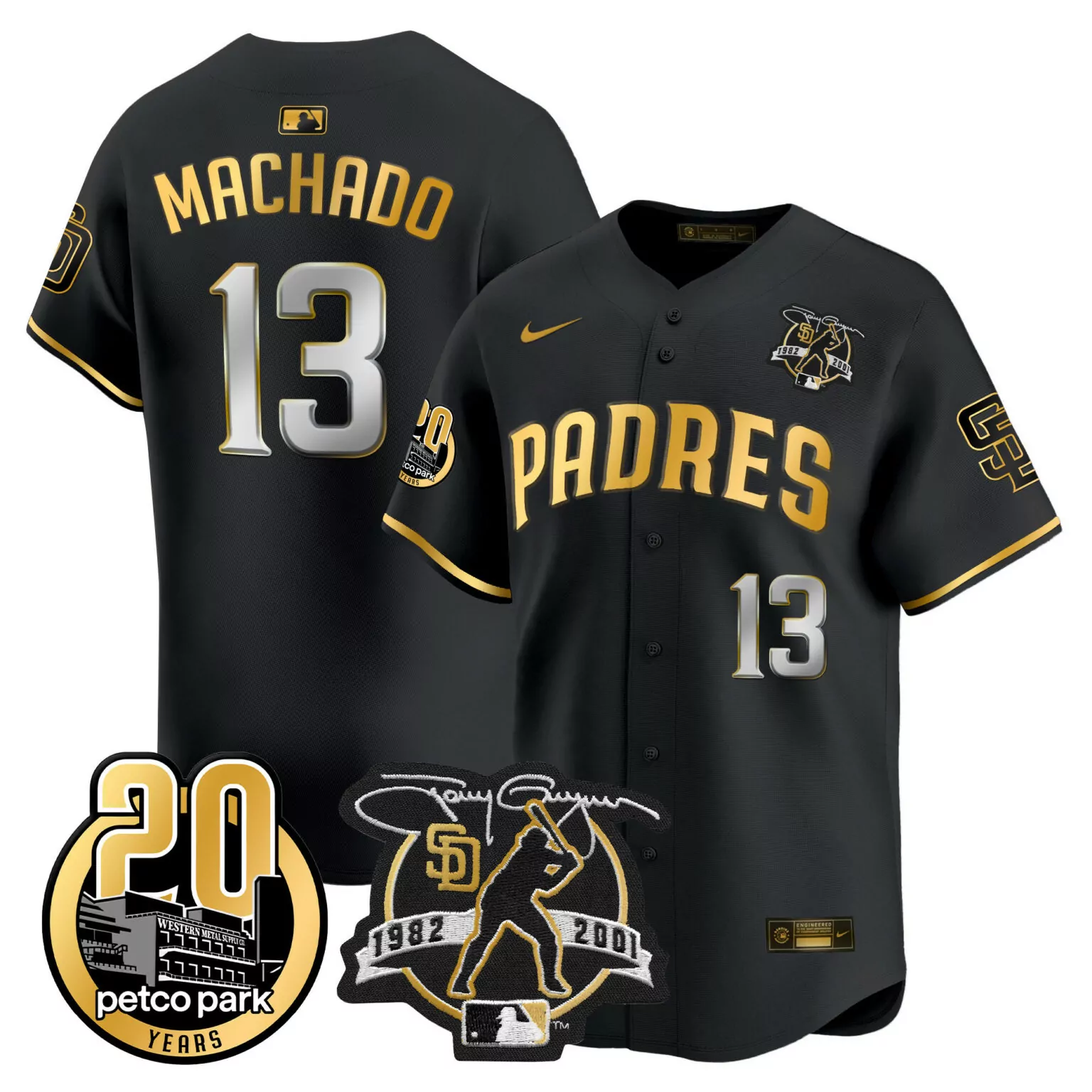 Custom Black gold manny machado san diego padres tony gwynn petco park 20th patch jersey all stitched 2931