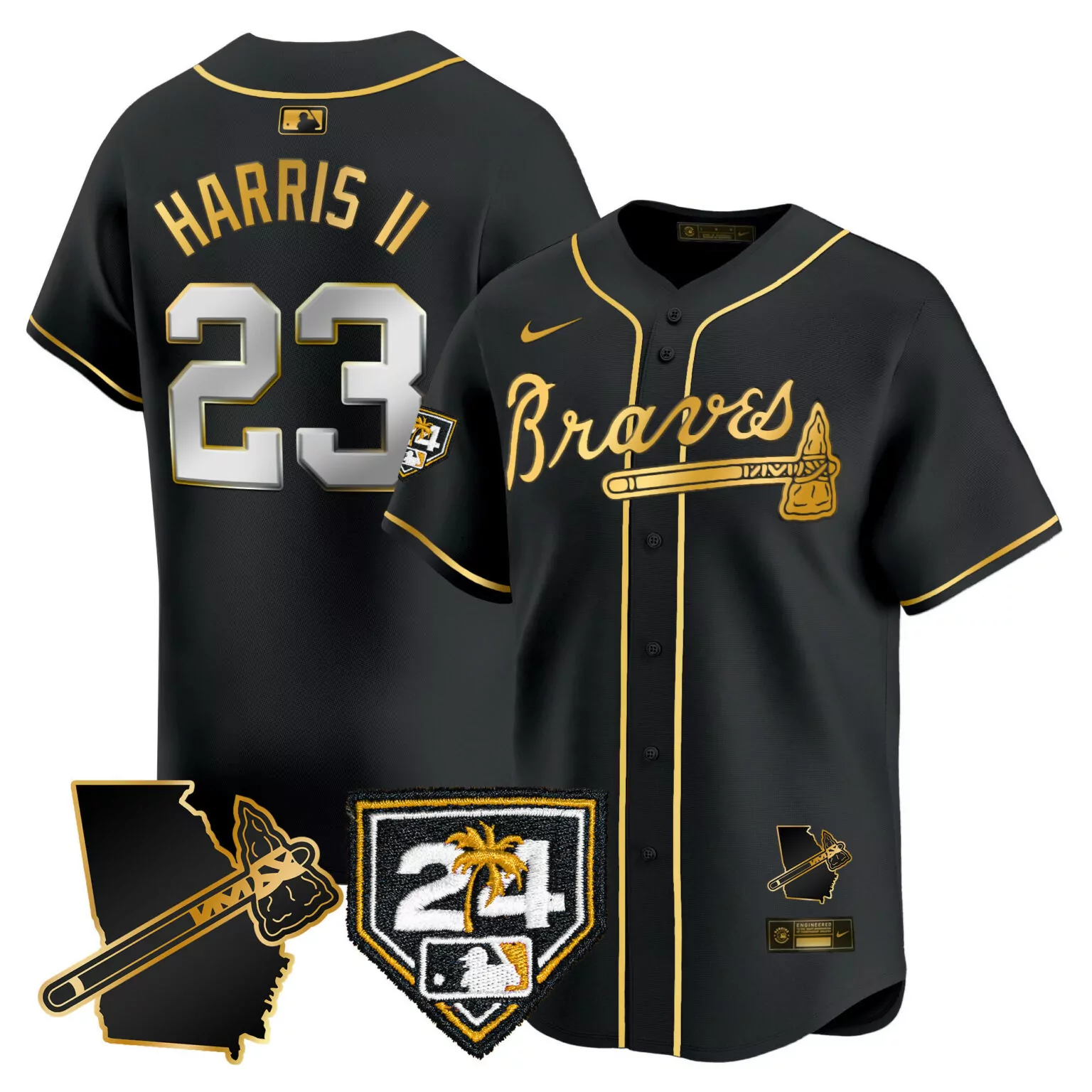 Personalized Black gold michael harris ii atlanta braves 2024 spring training georgia patch jersey all stitched 1885