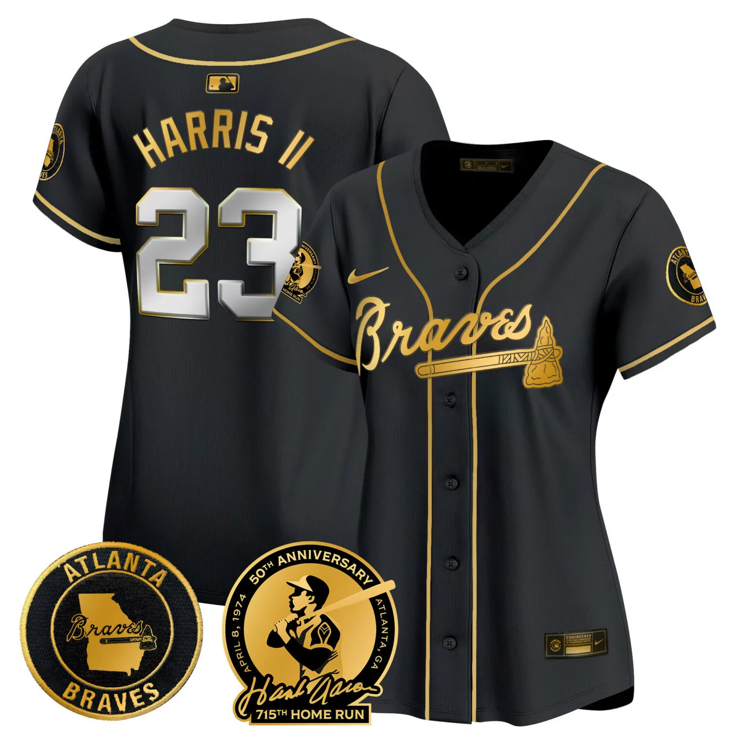 Customizable Black gold michael harris ii atlanta braves hank aaron 715th home run patch jersey all stitched 1125
