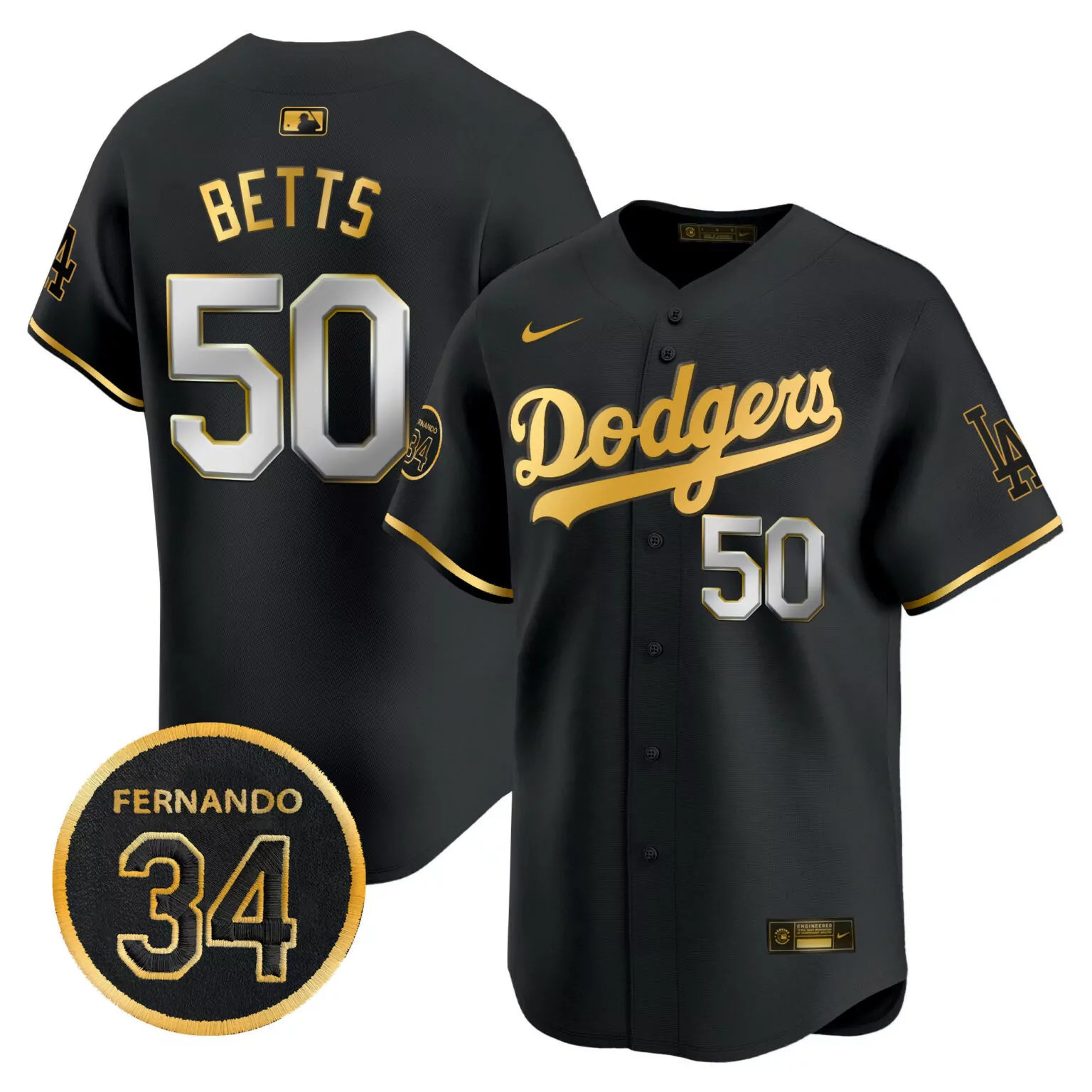Custom Black gold mookie betts los angeles dodgers valenzuela memorial patch jersey all stitched 8986