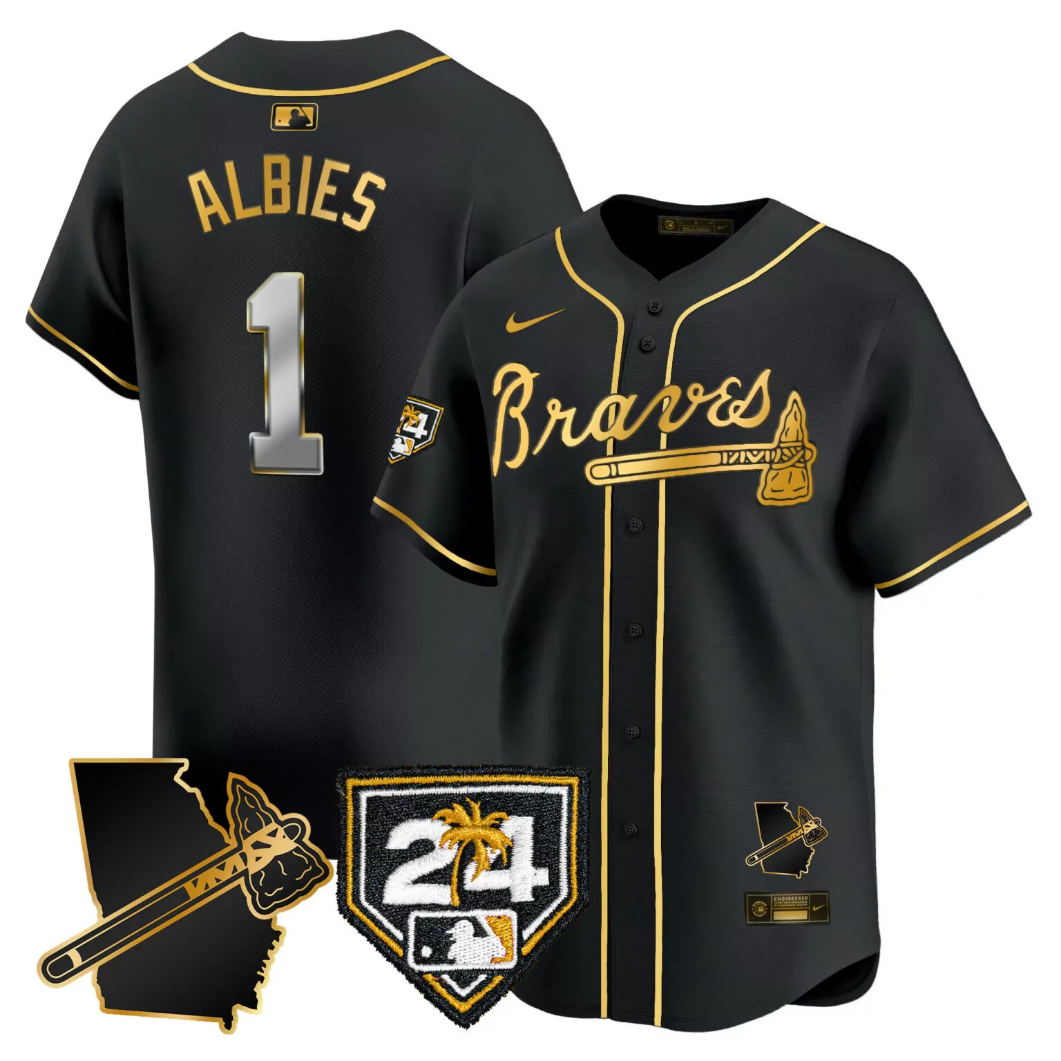 Customizable Black gold ozzie albies atlanta braves 2024 spring training georgia patch jersey all stitched 5532