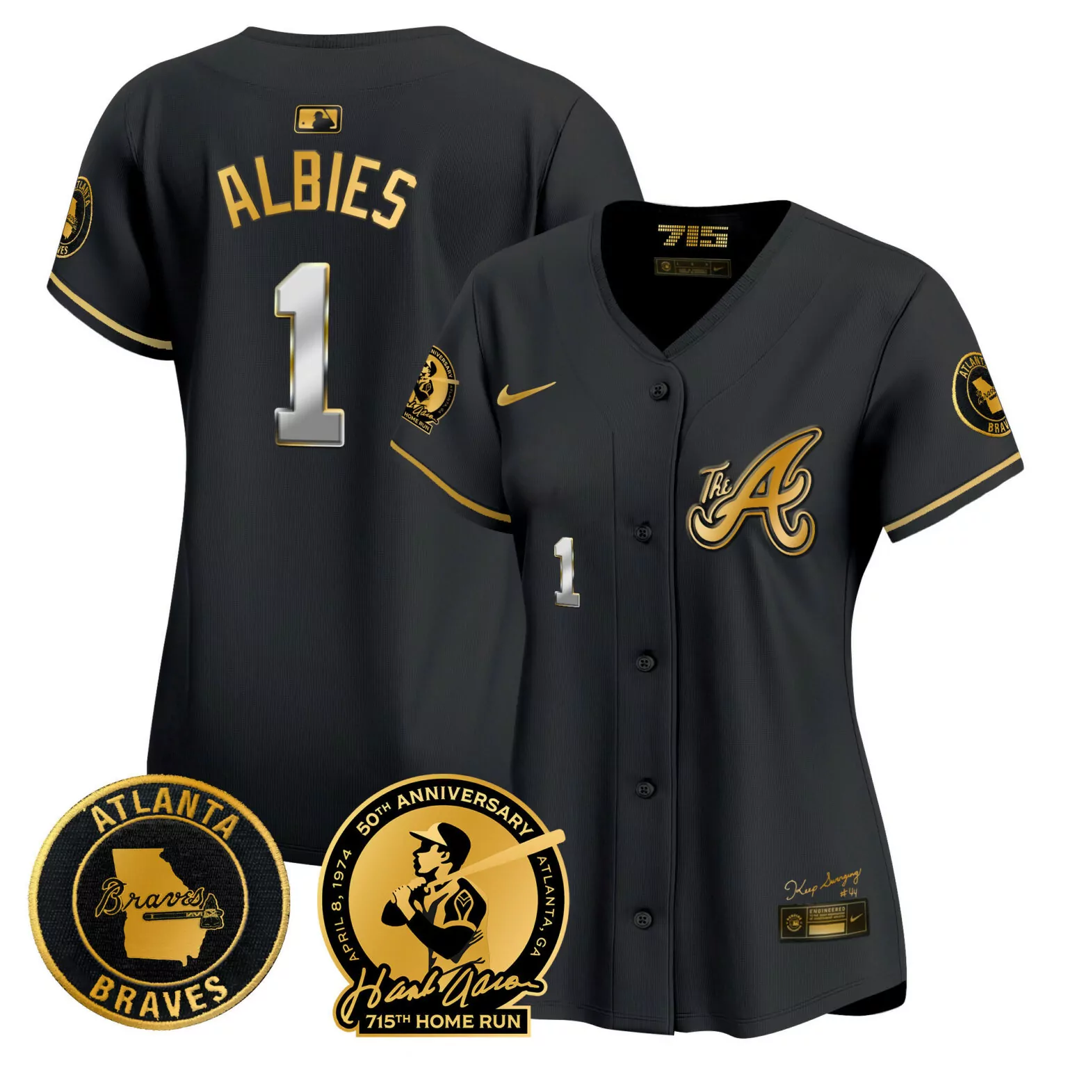 Customizable Black gold ozzie albies atlanta braves hank aaron 715th home run patch jersey v2 all stitched 9539