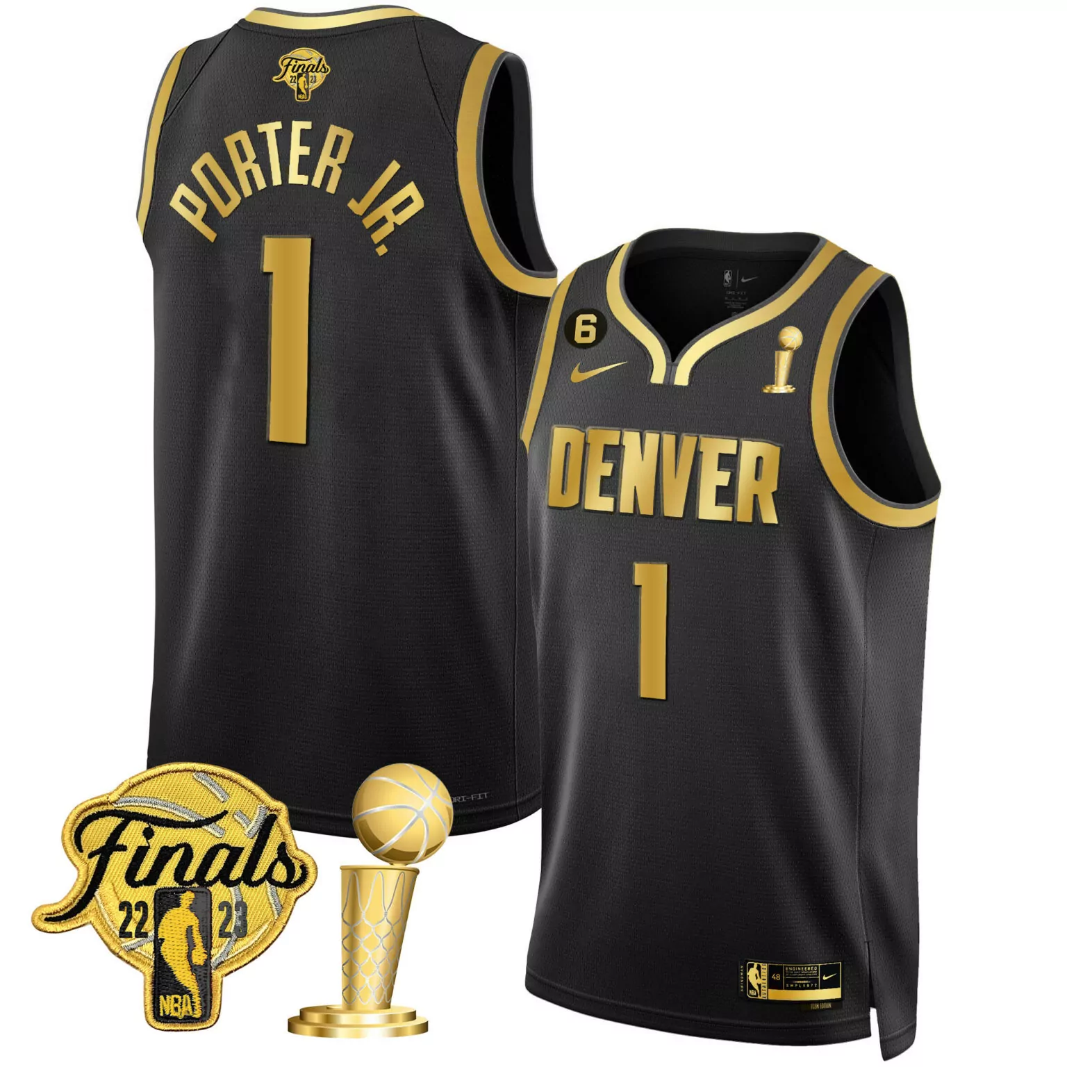 Personalized Black gold porter jr denver nuggets 2023 finals champions black white gold jersey all stitched 4866