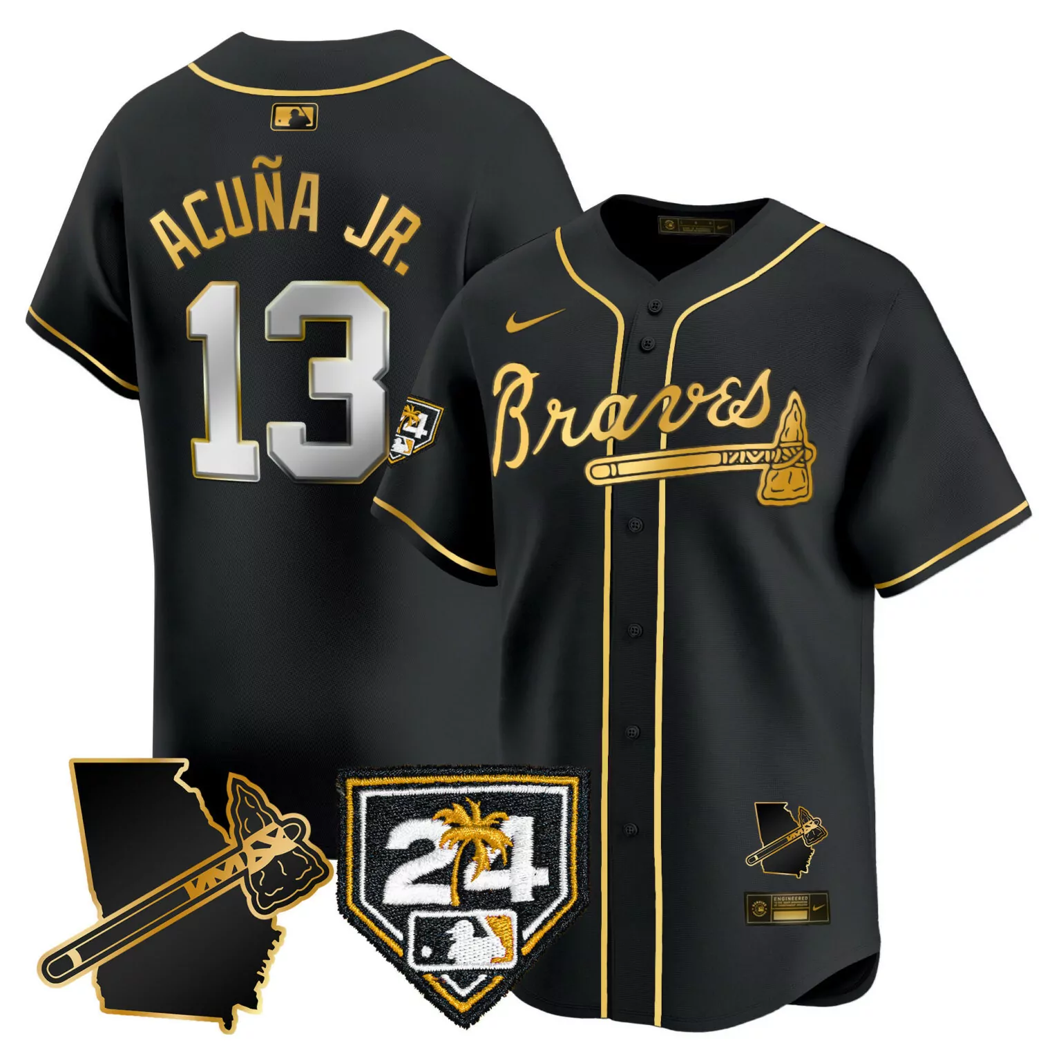Personalized Black gold ronald acuna jr atlanta braves 2024 spring training georgia patch jersey all stitched 6712