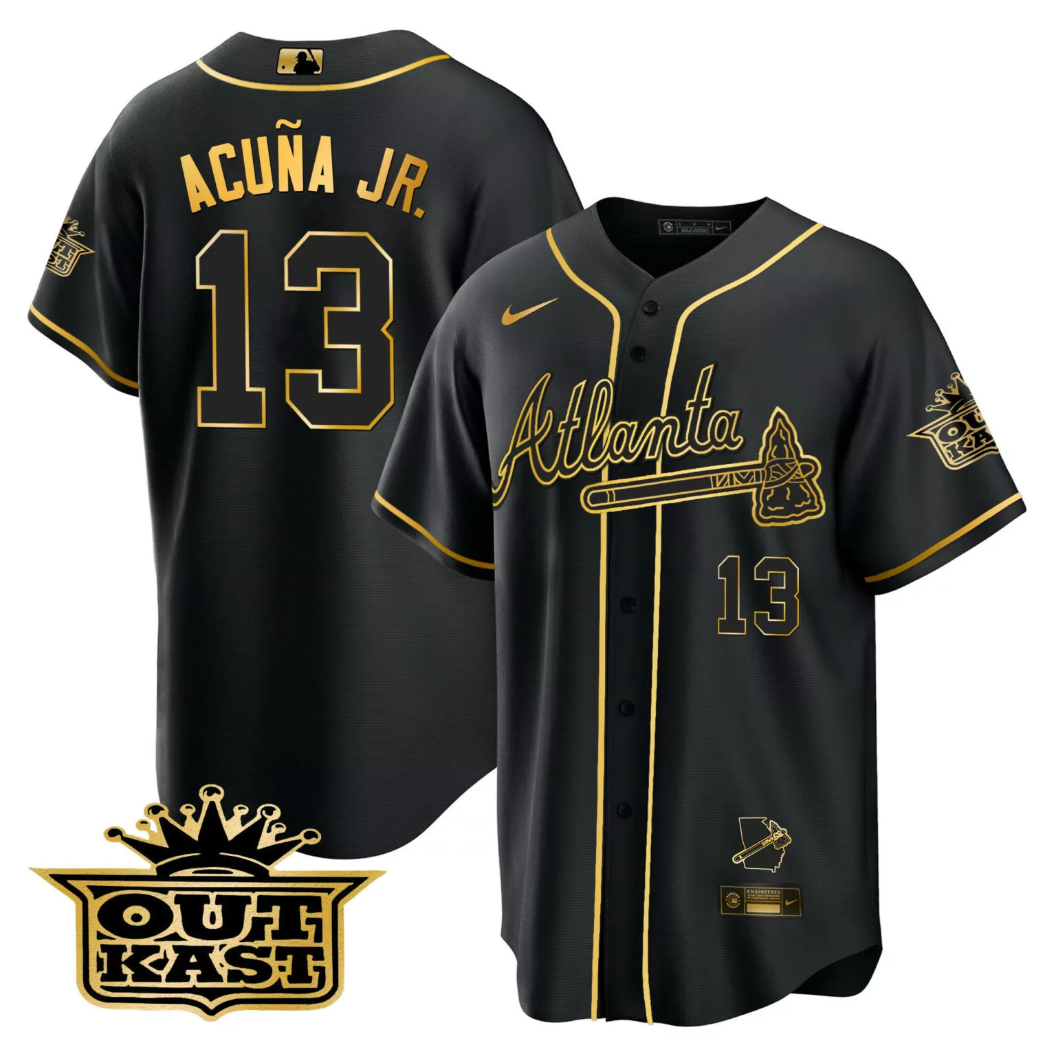 Custom Black gold ronald acuna jr atlanta braves outkast gold jersey v3 all stitched 5322