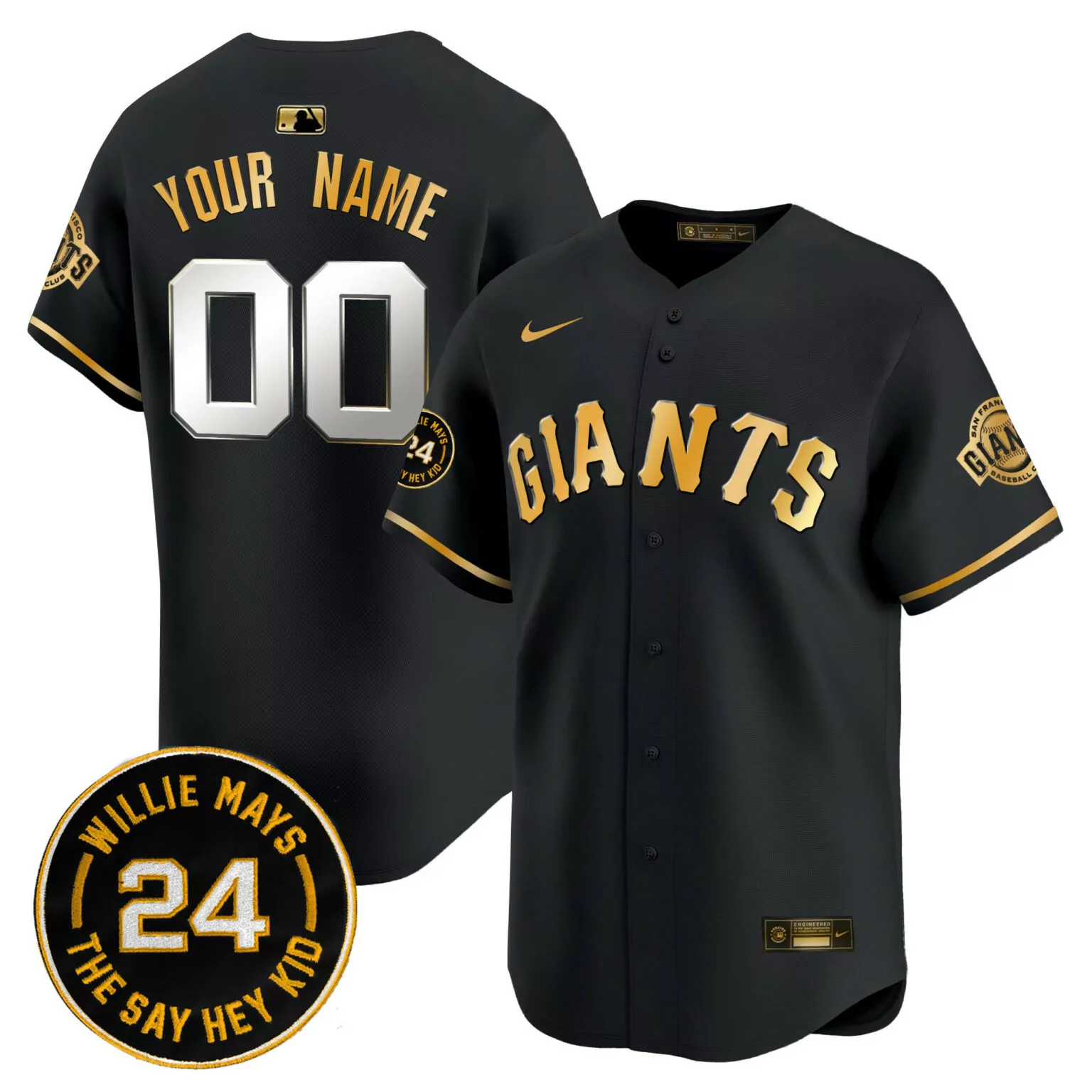 Custom Black gold san francisco giants 2024 willie mays patch vapor custom jersey all stitched 6571