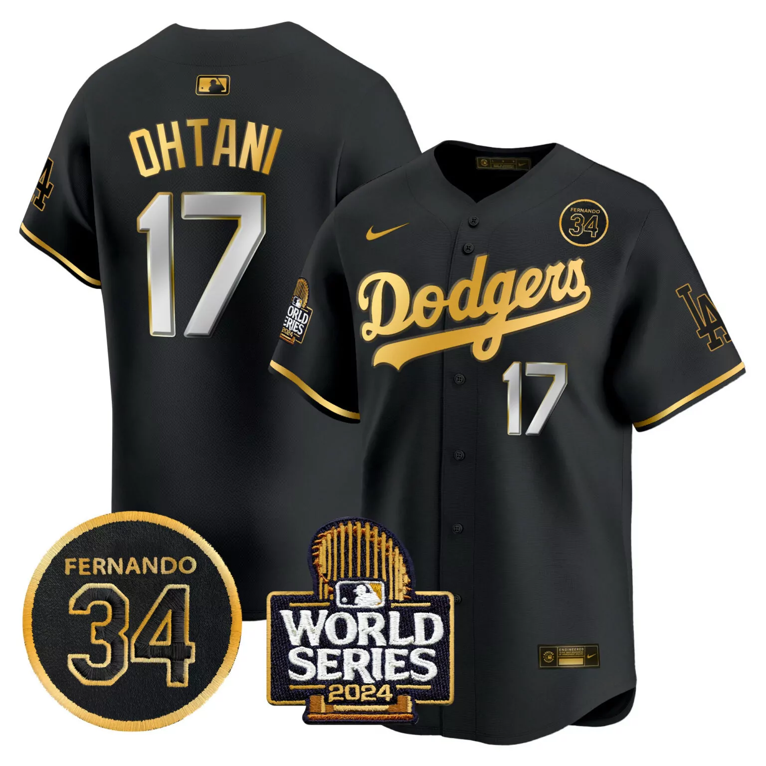 Personalized Black gold shohei ohtani los angeles dodgers valenzuela 2024 world series patch jersey v2 all stitched 1285