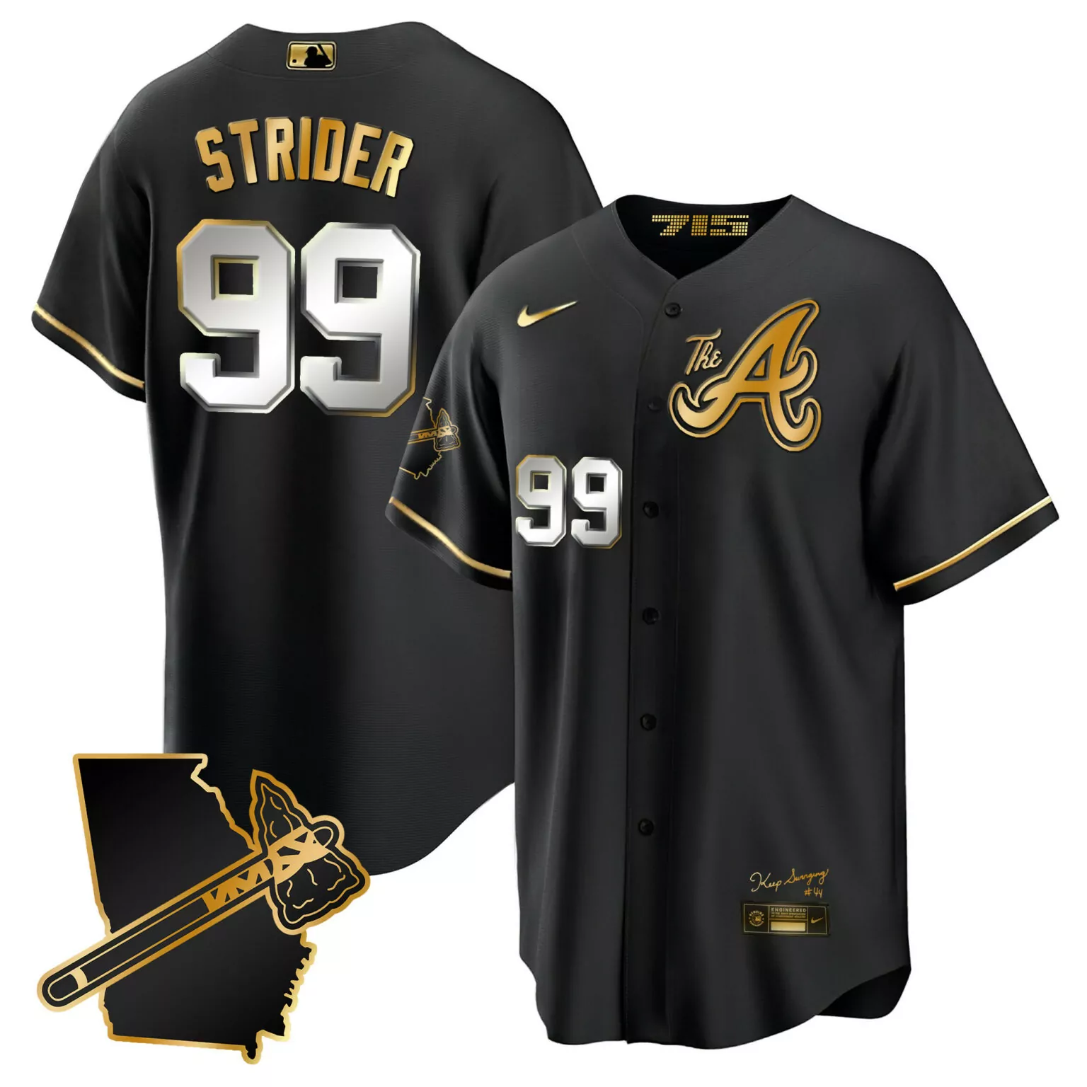 Personalized Black gold spencer strider atlanta braves the a gold jersey georgia patch all stitched 8553